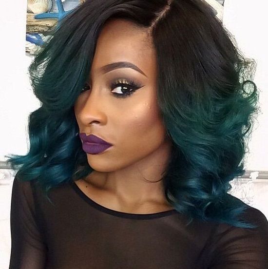Black and Green Hair on Black Woman with Purple Lipstick