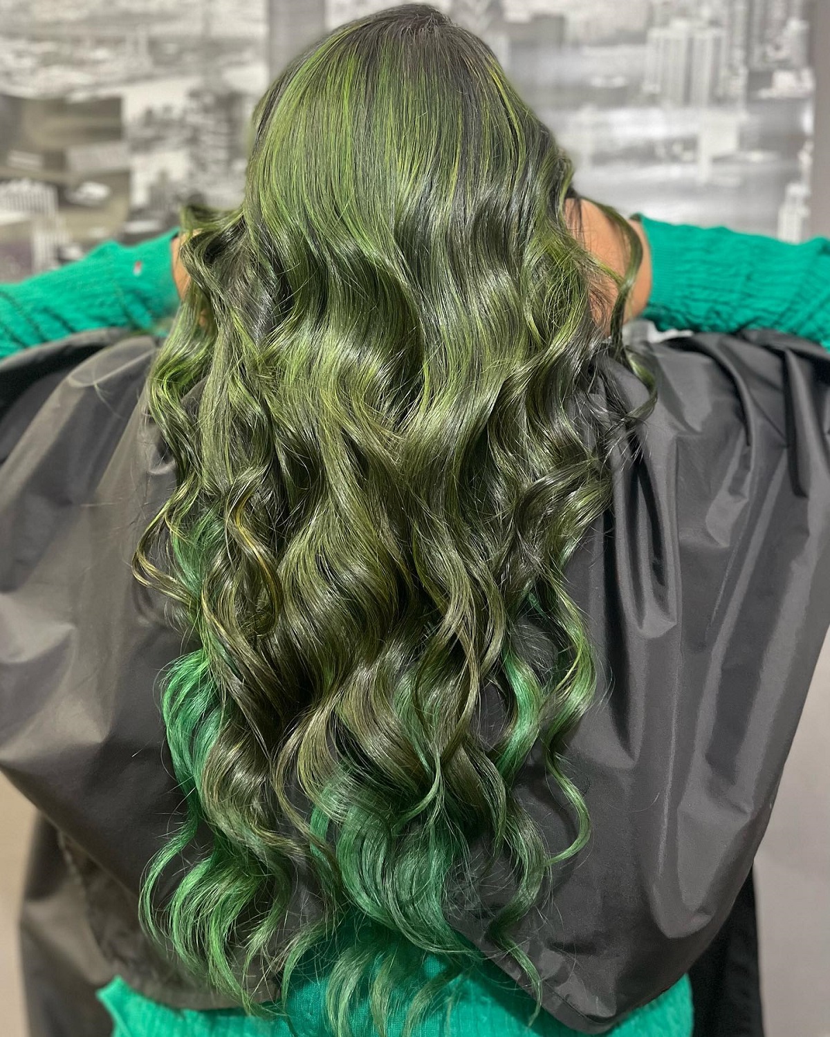 Black and Moss Green Wavy Hair