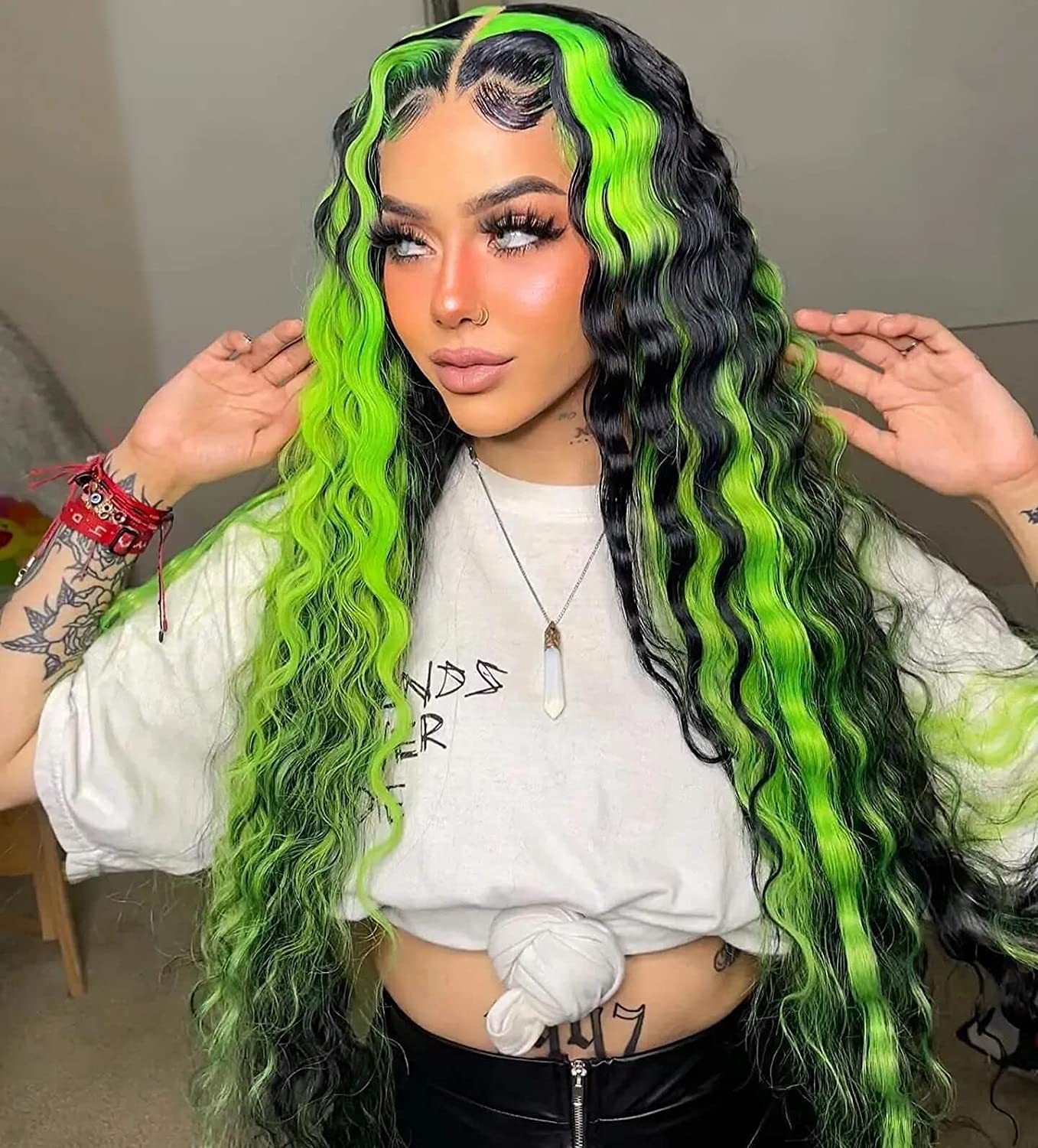 Black and Neon Green Wavy Long Hair Wig