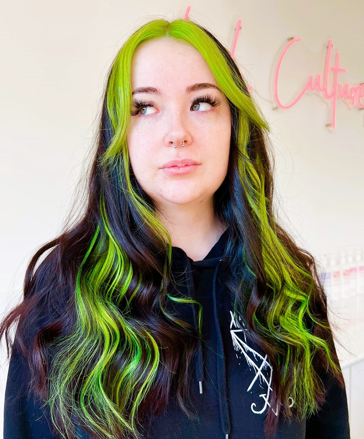 Black Hair with Lime Green Highlights