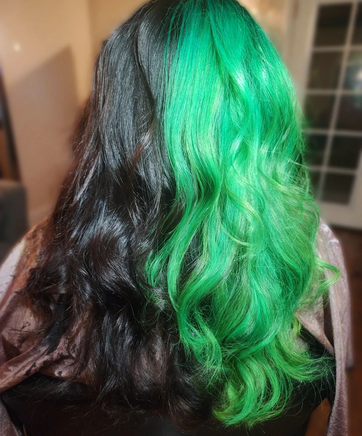 Green and Black Hair Split on Wavy Hair