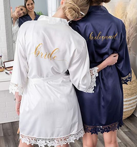 Matching White Bridal Robe and Navy Blue Bridesmaid Robe