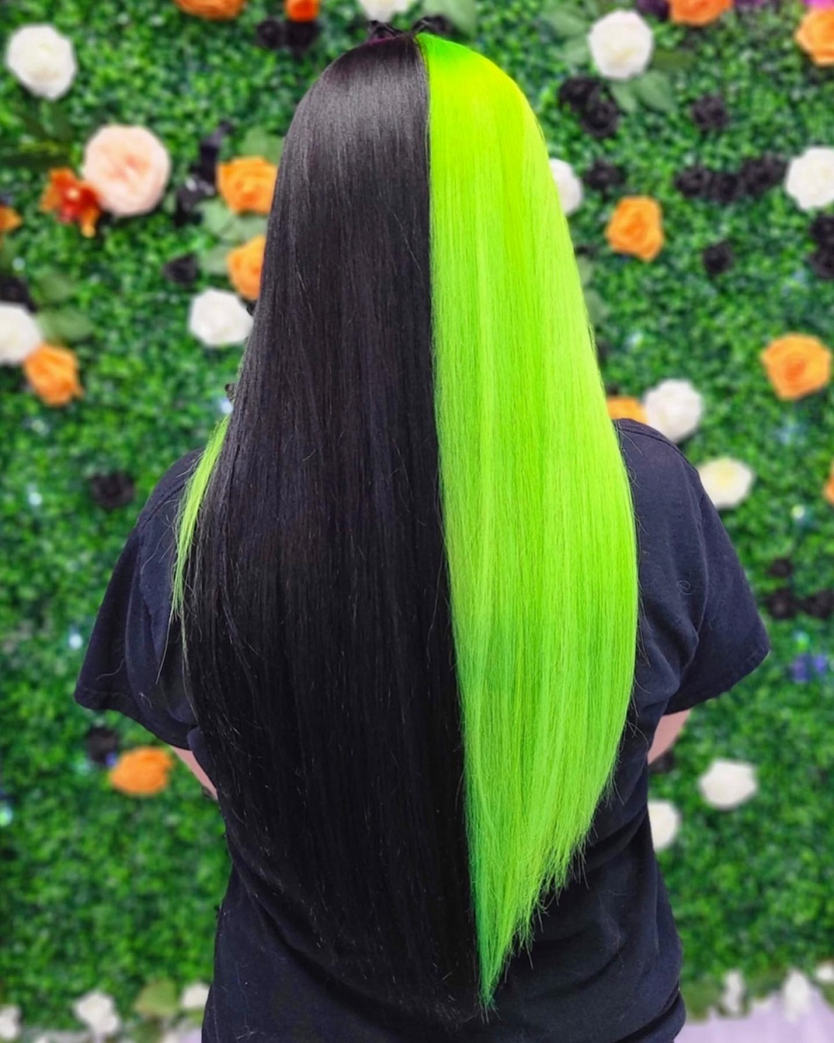 Long black and Neon Green Hair Half and Half