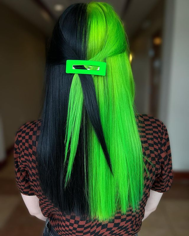 Neon Green and Black Split Hair