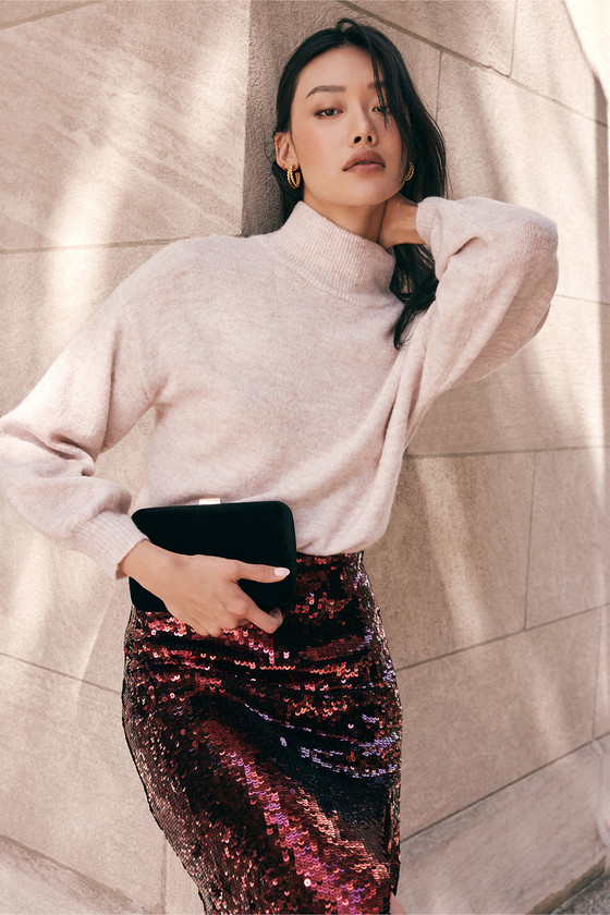 pink sequin skirt outfit with turtleneck