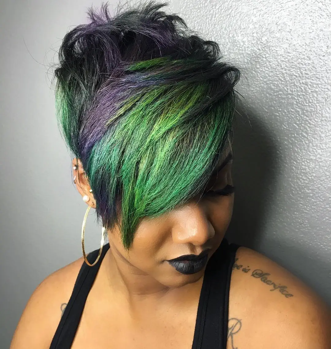 Short Black and Green Hair on African American Woman