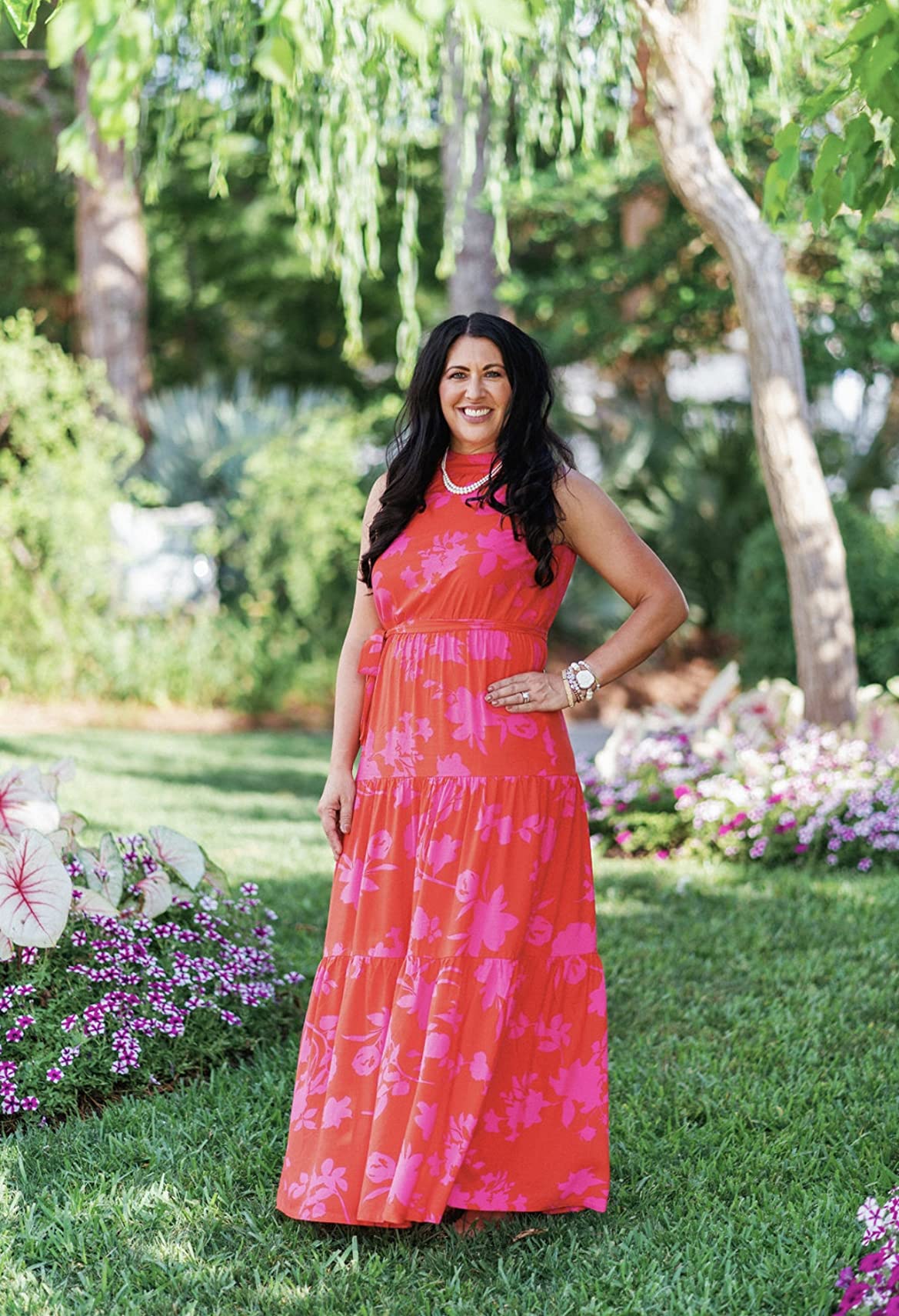 summer red and pink maxi dress for wedding guests