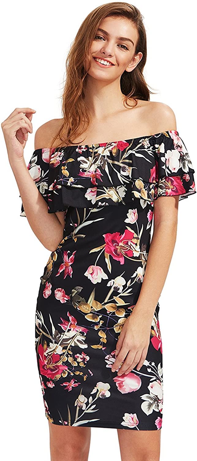 tropical vacation outfit with floral off shoulder dress