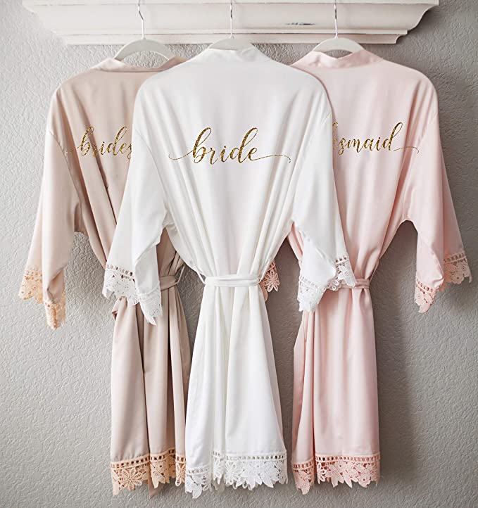 Matching White Bridal Robe and Pink Bridesmaid Robes
