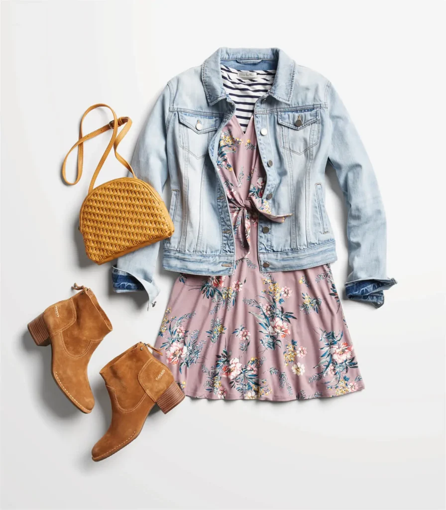 Stitch Fix spring outfit for women with jean jacket and floral dress