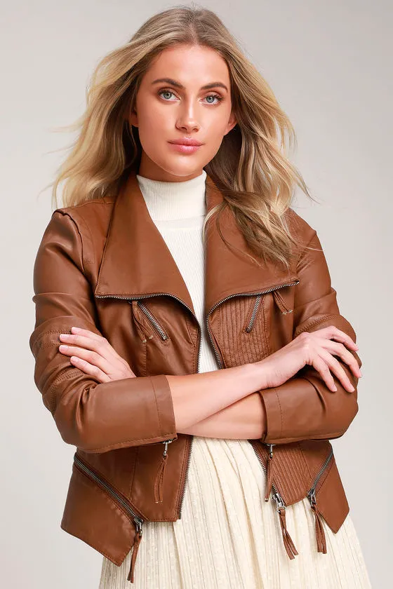 best colors for blondes + blonde in brown vegan leather jacket