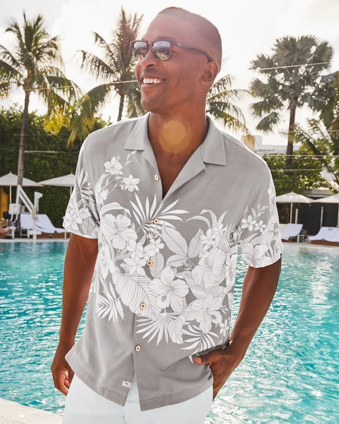 Tommy Bahama grey and white Hawaiian shirt + what to wear to a luau for guys