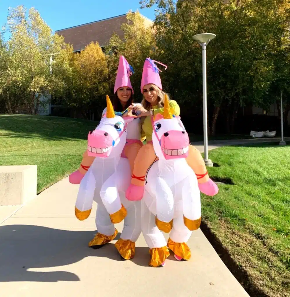 creative Halloween costume for adults + person riding a unicorn costume