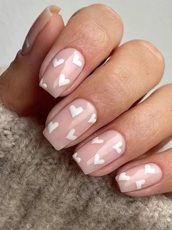 cute pink short square nails with hearts