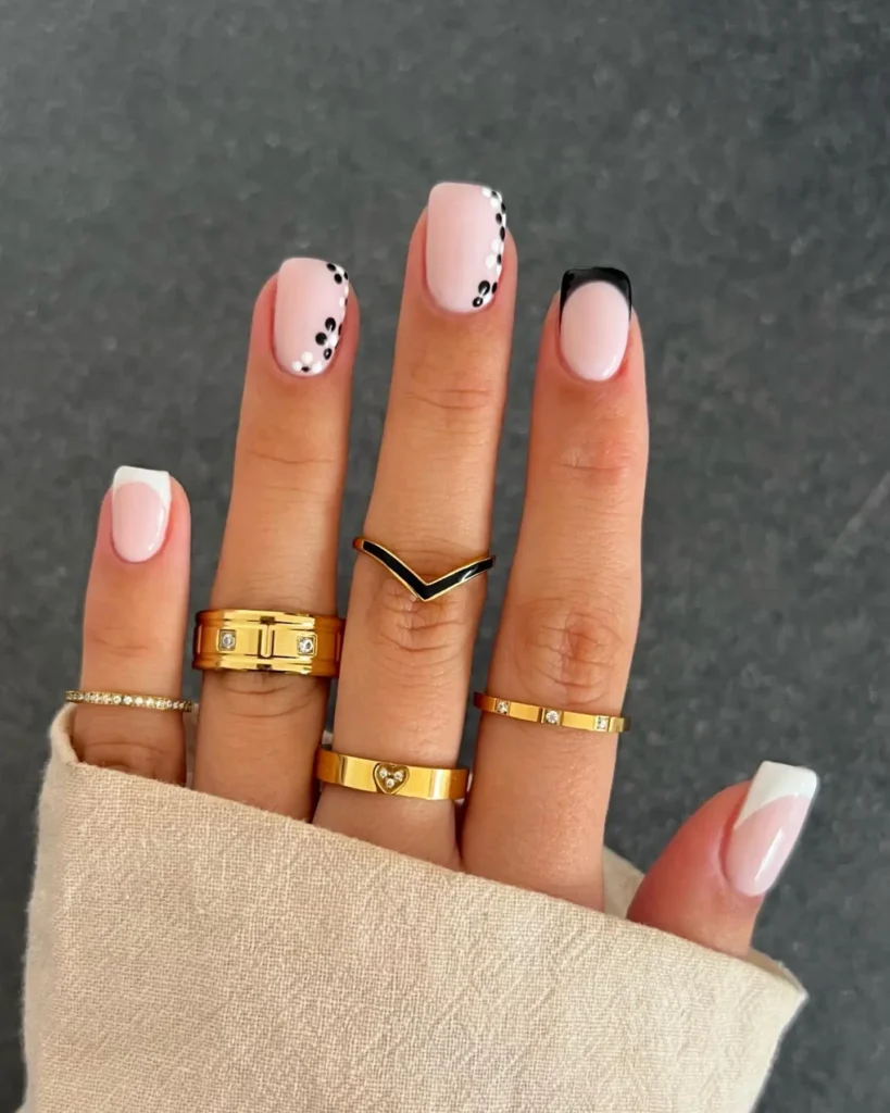 short square nail designs with monochrome flowers
