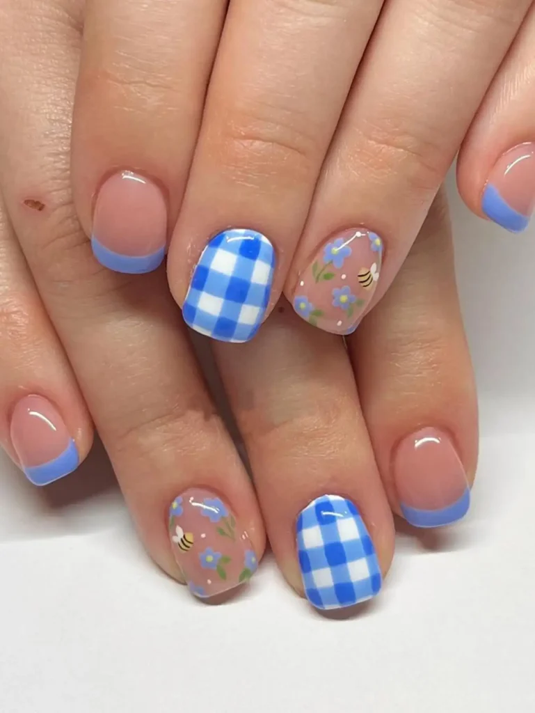 summer short square nails with blue and white plaid and bumble bees