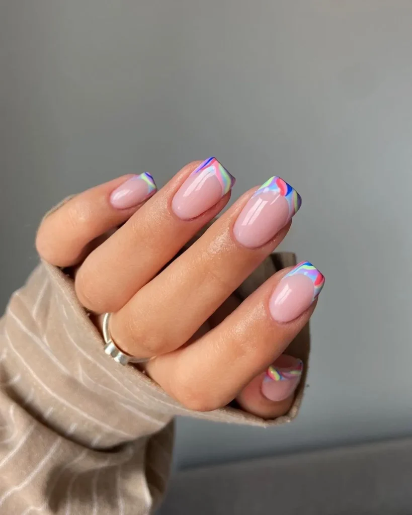 summer short square nails with colorful french manicure