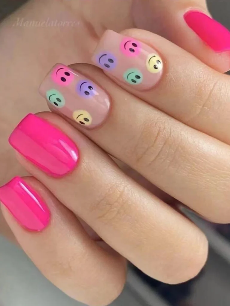 summer short square nails with hot pink and smiley faces