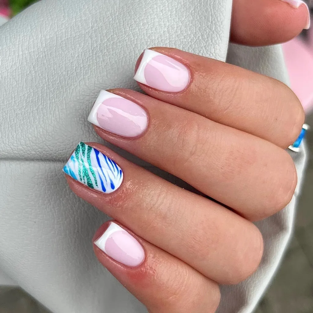 summer square nails with french manicure and blue swirls