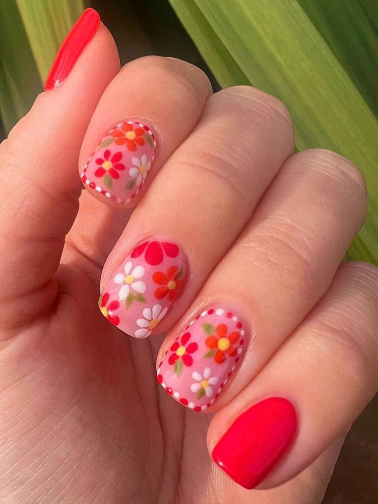 summer square nails with pink, white, and orange flowers