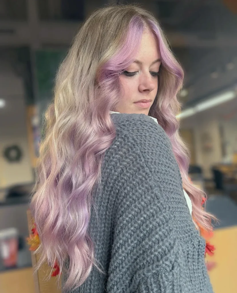blonde and purple balayage with lavender hair