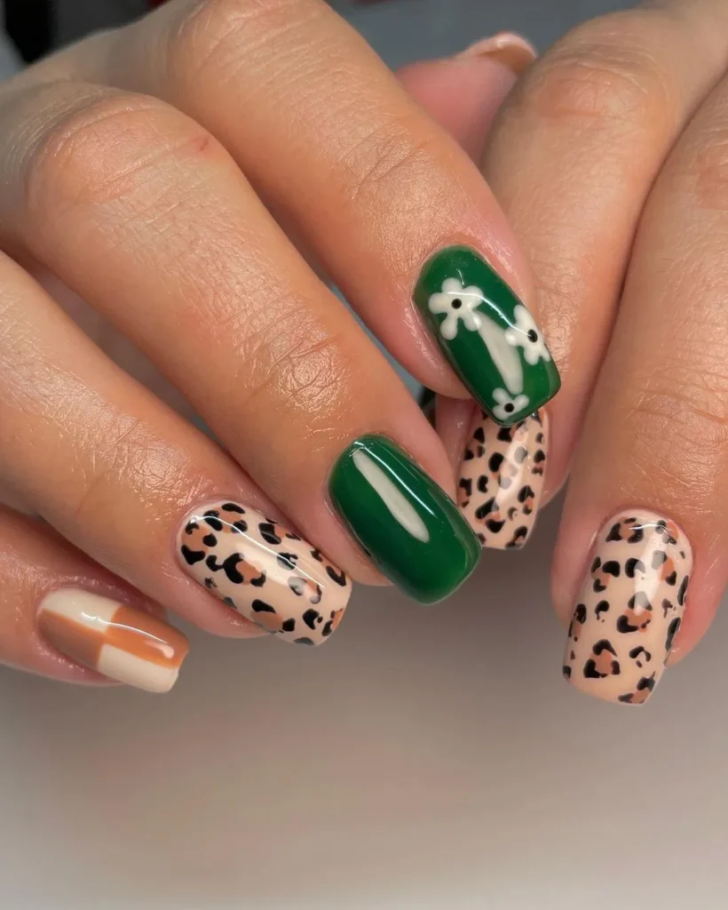 brown and green nails with Cheetah design