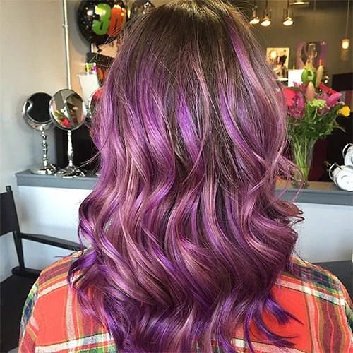 brown hair with violet and pastel purple highlights