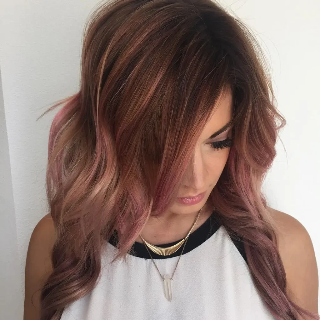 brown hair with pink and caramel highlights