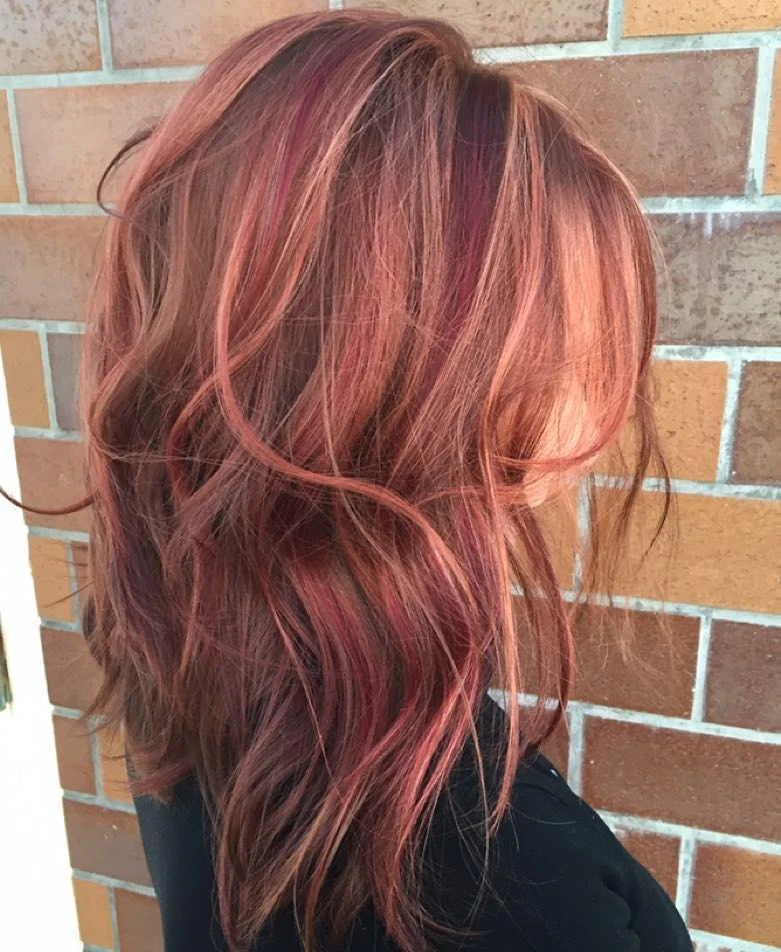 brown hair with strawberry pink highlights