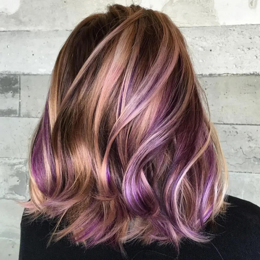 brown, rose gold, and purple hair