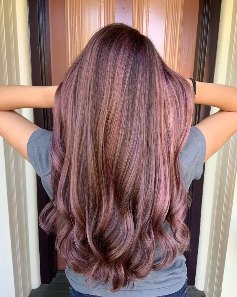dark brown hair with rose gold highlights