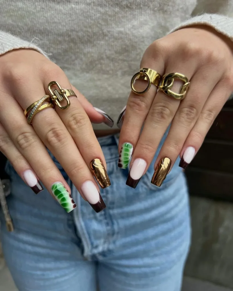 long green and brown nails