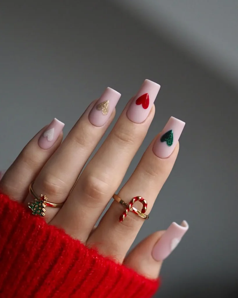 simple Christmas nails with hearts