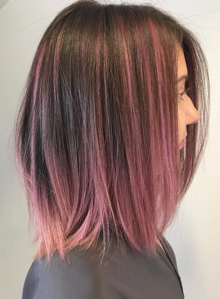 brown hair with dusty pink highlights