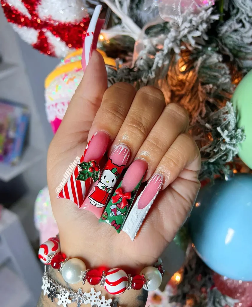 Hello Kitty long ballerina Christmas nails