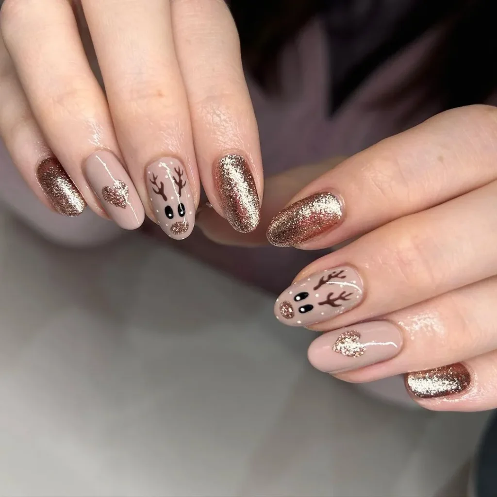 gold and brown reindeer nails