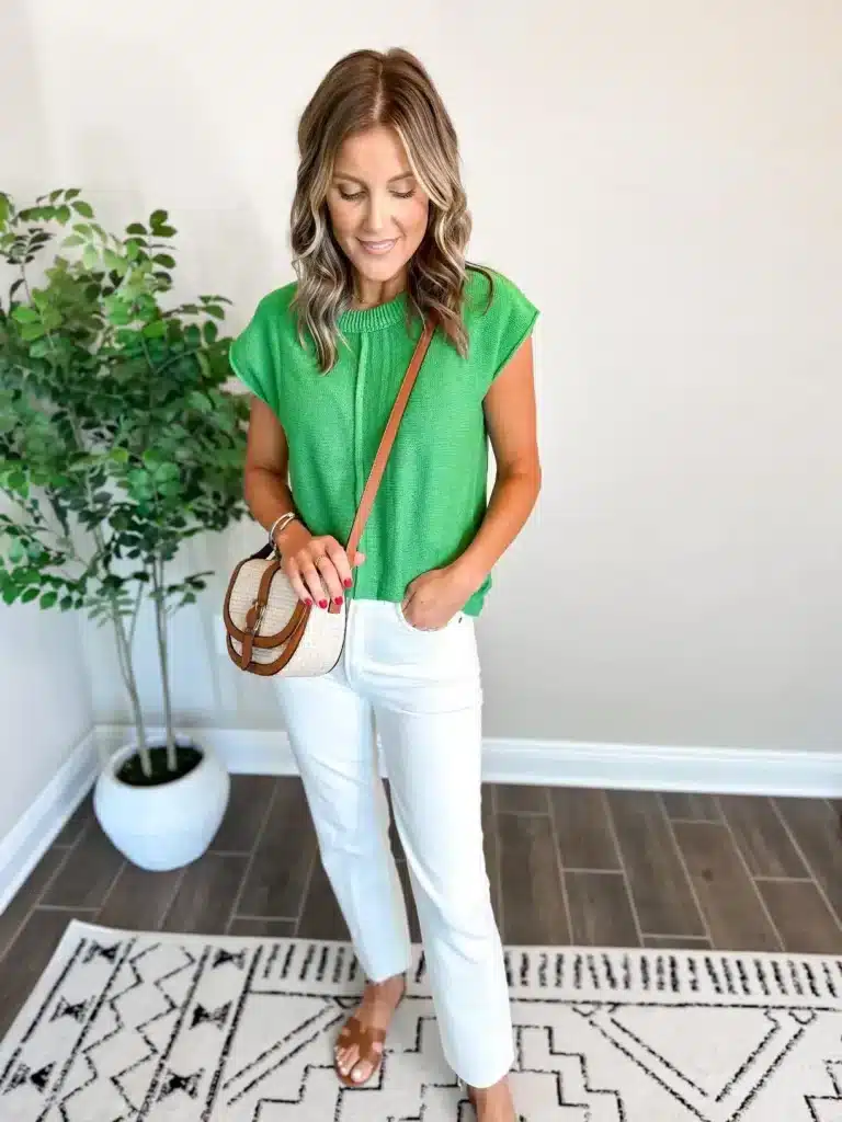 sweater top and white jeans outfit