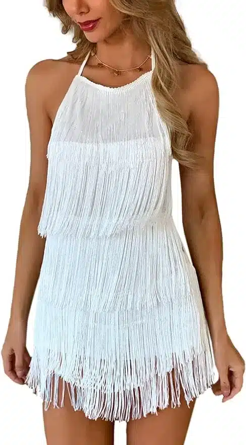 white dress with fringe for Nashville bachelorette party outfit