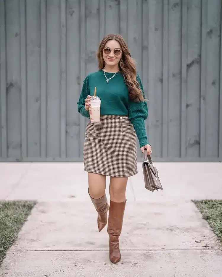 fall outfit with plaid skirt and boots